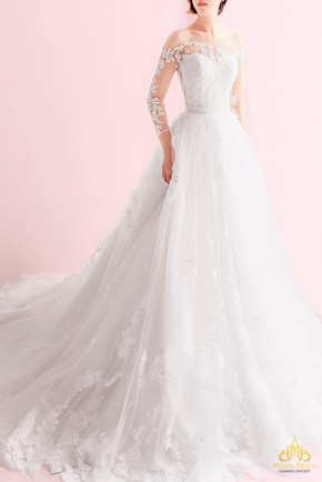 Áo cưới chữ A ren tay dài xẻ lưng KH1735