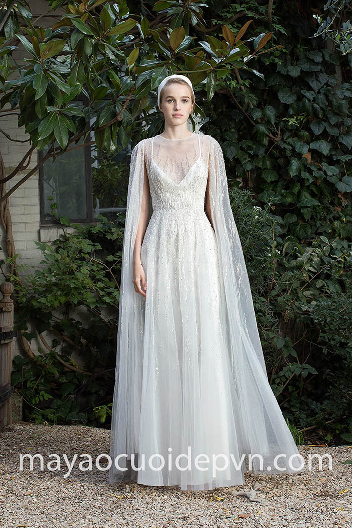 mẫu thiết kế váy cưới cape đính kết lấp lánh