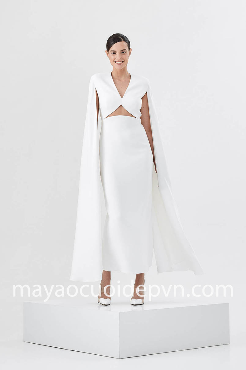 chic cape sleeve midi wedding dress