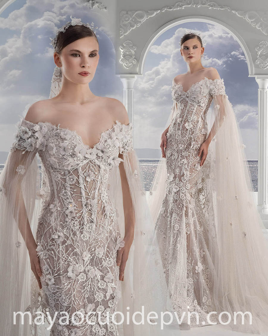embroidered cape sleeve couture wedding gown
