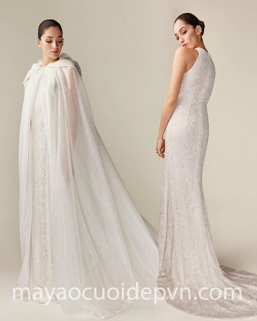 statement hooded cape wedding gown