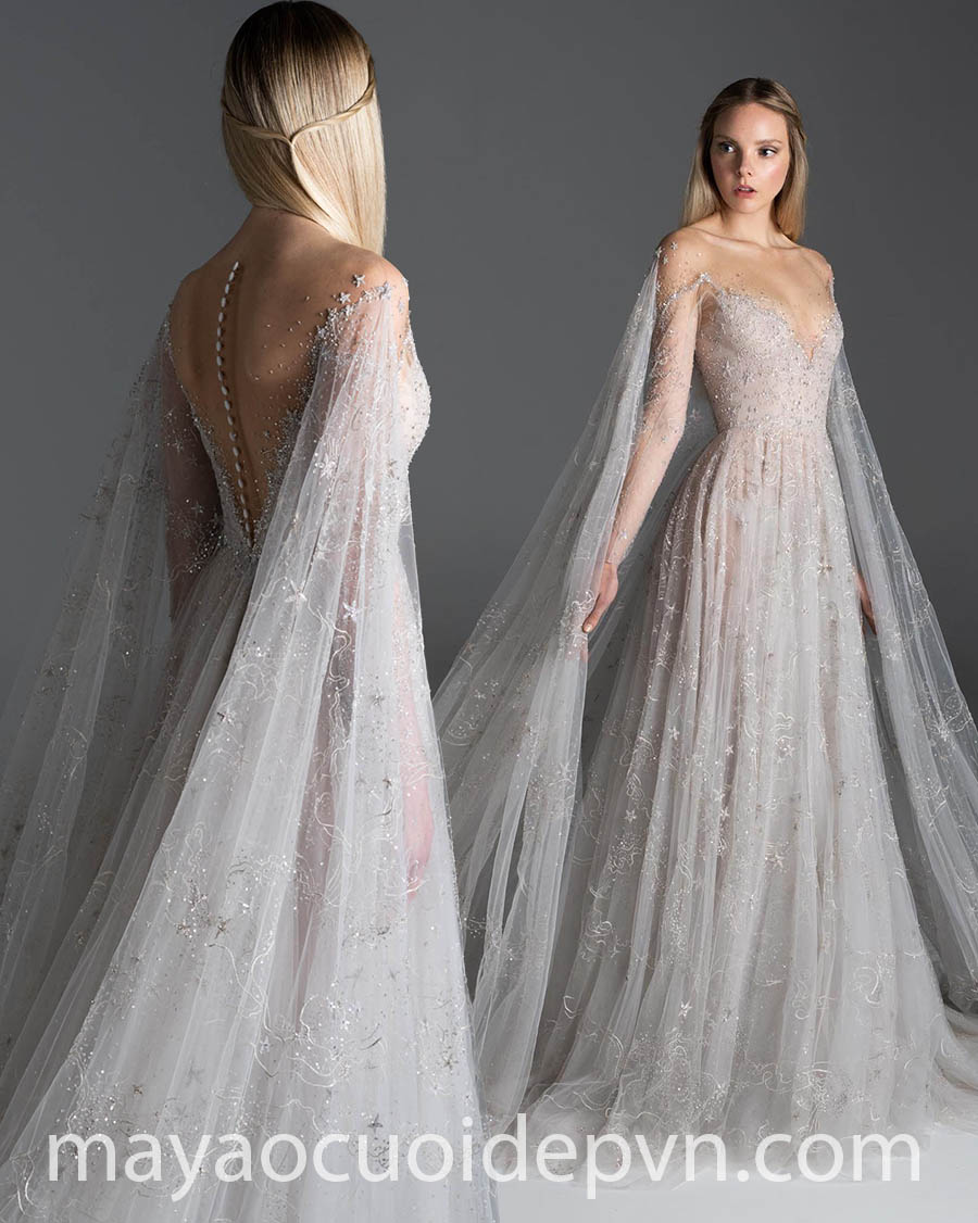 chic cape wedding dress with bespoke crystal embellishmen