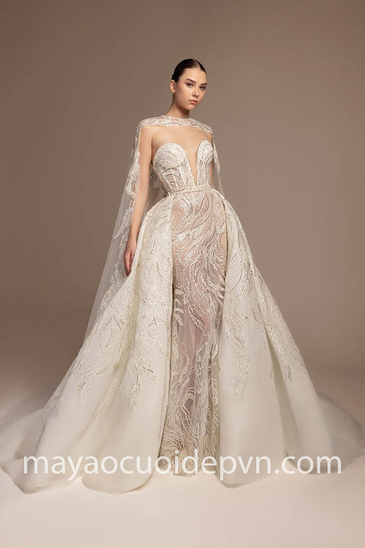 sparkly embroidered cape wedding gown design