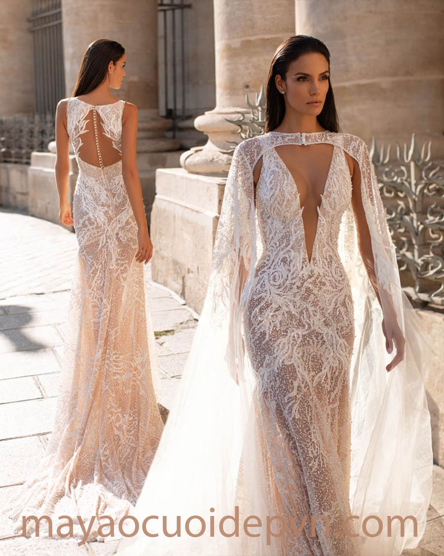 glitter embroidered cape wedding dress