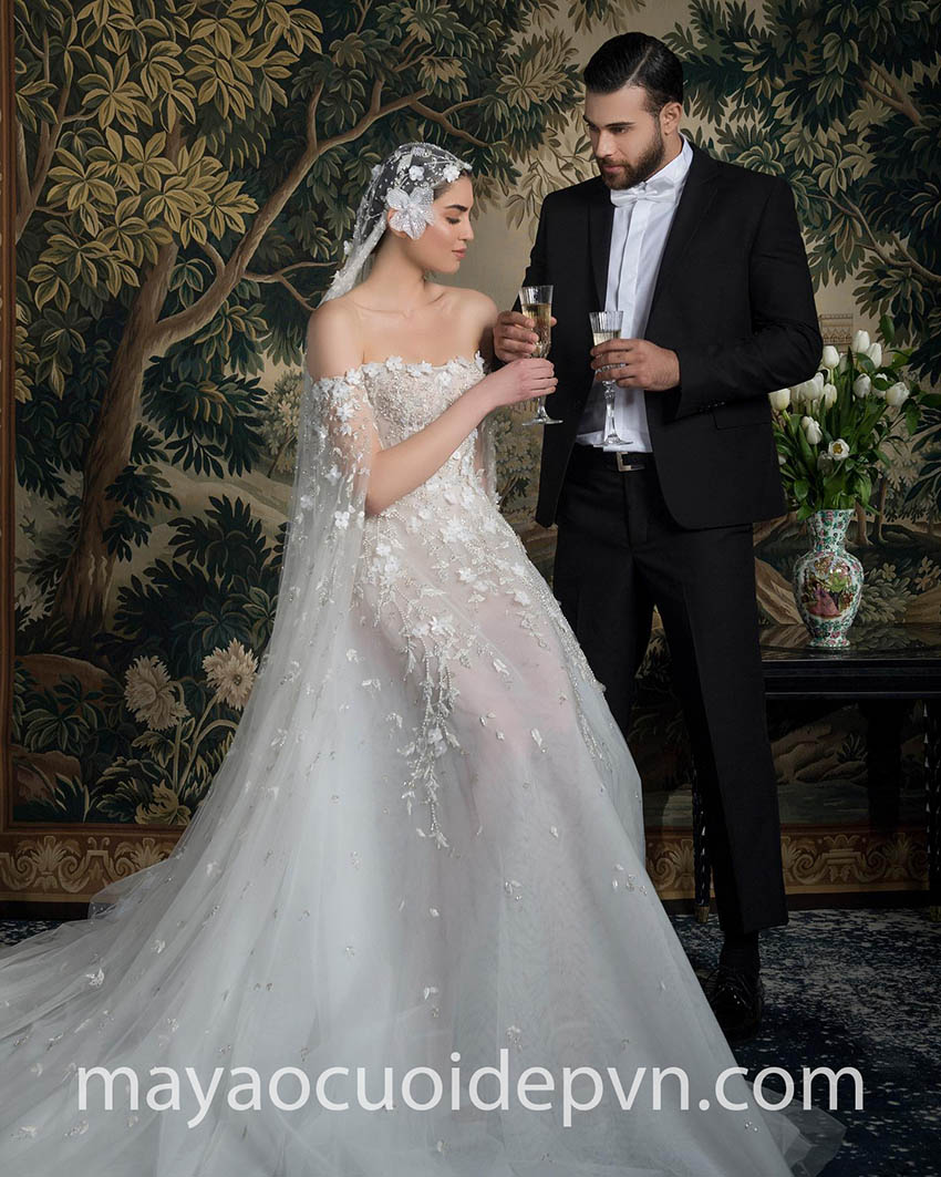 embellished cape sleeve wedding dress design
