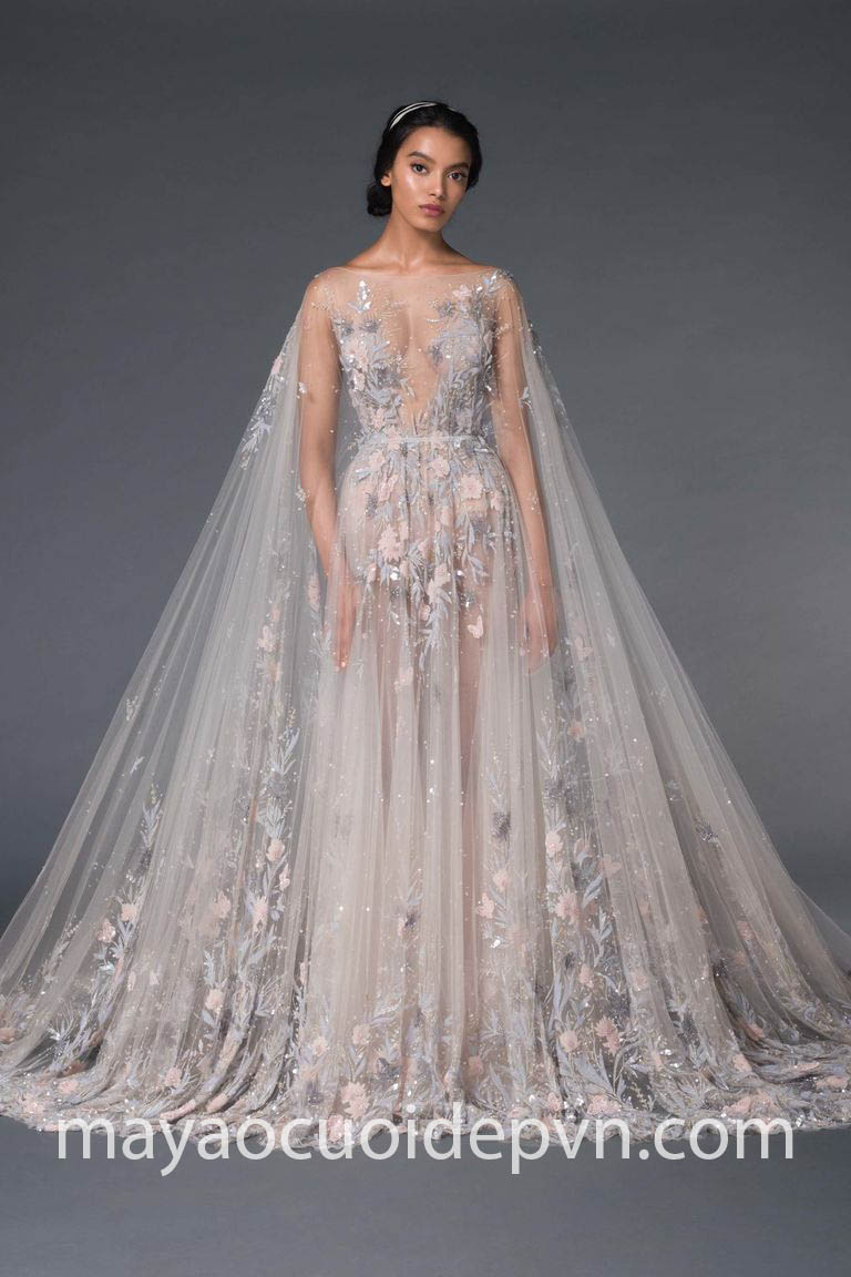 xu hướng áo cưới cape Haute Couture đính kết hoạ tiết độc đáo