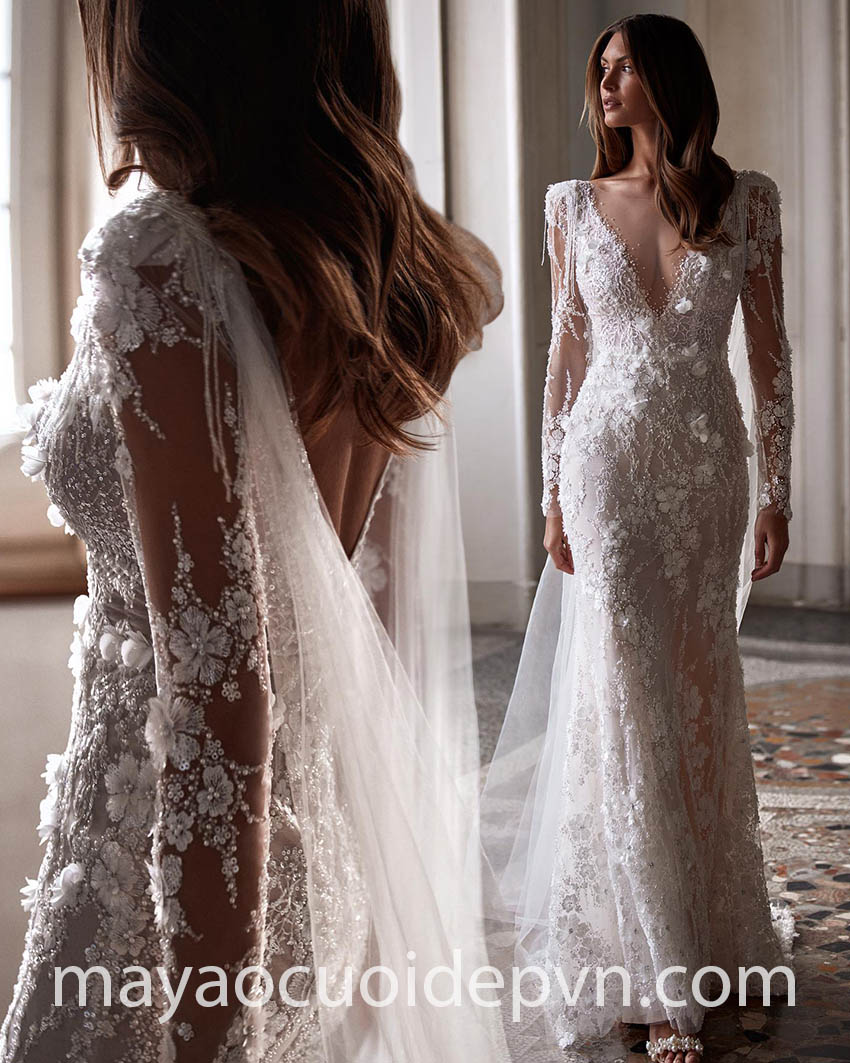 mẫu áo cưới đuôi cá áo choàng lấp lánh