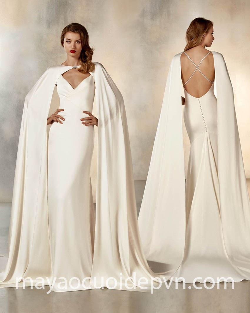 đầm cưới hở lưng phối áo choàng lụa minimalist