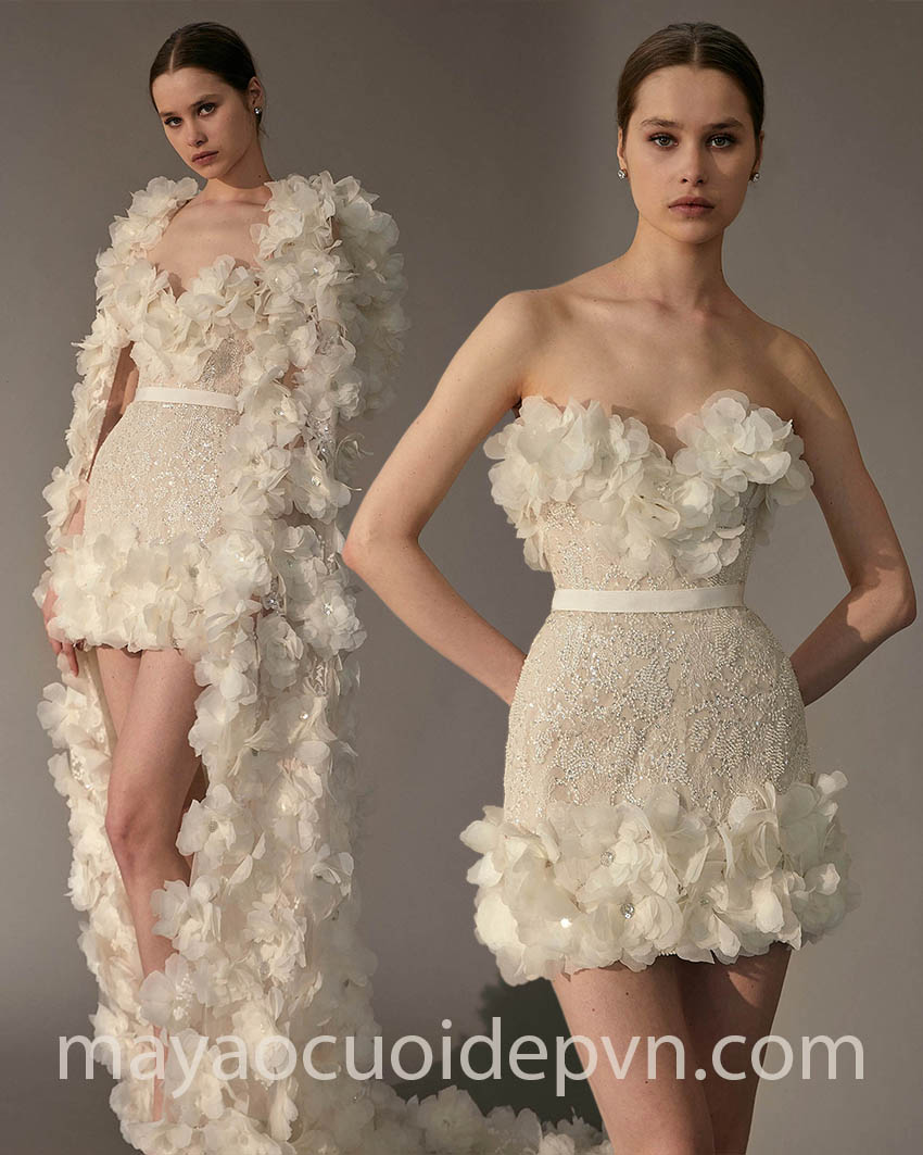 đầm cưới mini dress phối áo choàng đính kết hoa 3D