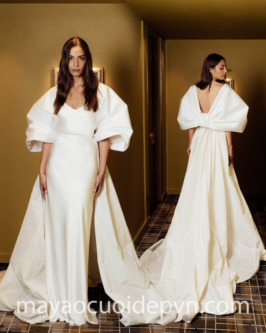 mẫu váy cưới tối phối áo choàng tạo hình nơ