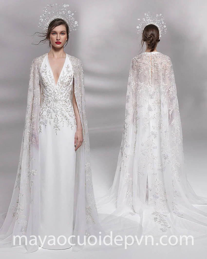 thiết kế váy cưới phối áo choàng đính đá pha lê lấp lánh