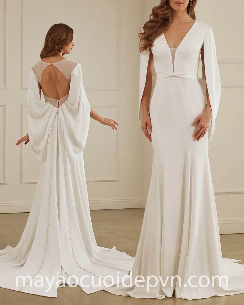 mẫu váy cưới tay áo choàng minimalist thiết kế ấn tượng