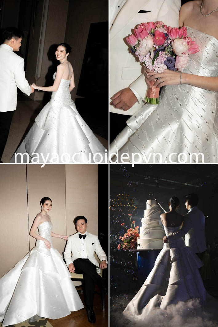 váy cưới hạ eo xếp tầng lấp lánh