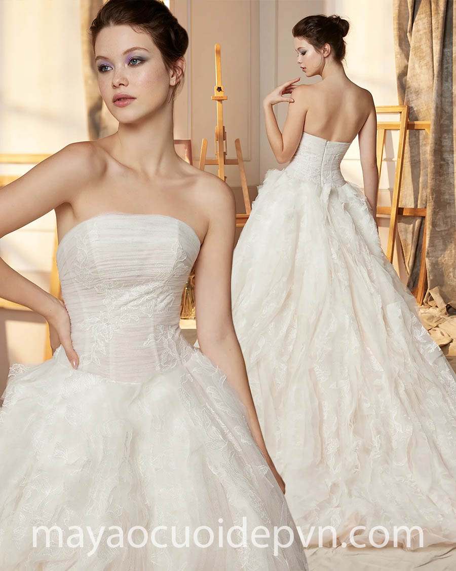 váy cưới ren hạ eo tùng xếp bèo trang trí