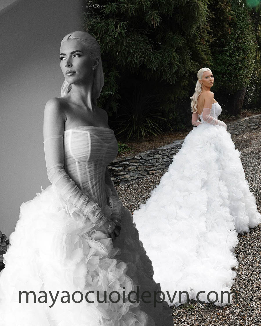 tulle ruffled boning drop waist wedding dress