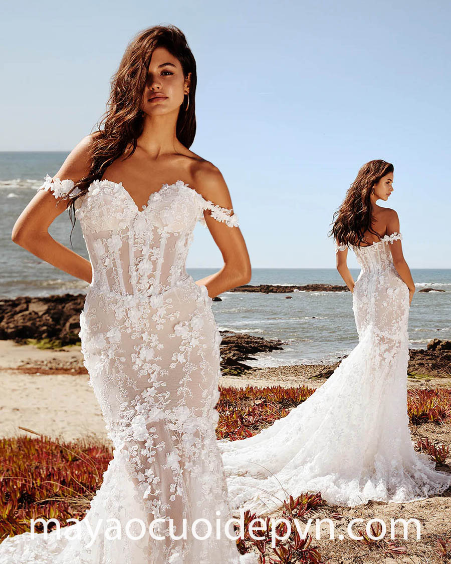 3D floral drop waist mermaid wedding gown