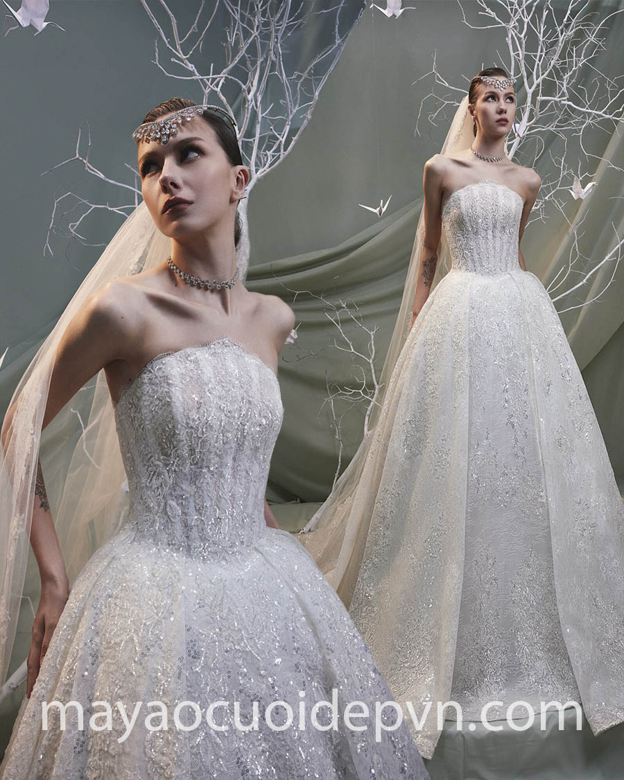 shimmering embroidered drop waist wedding gown