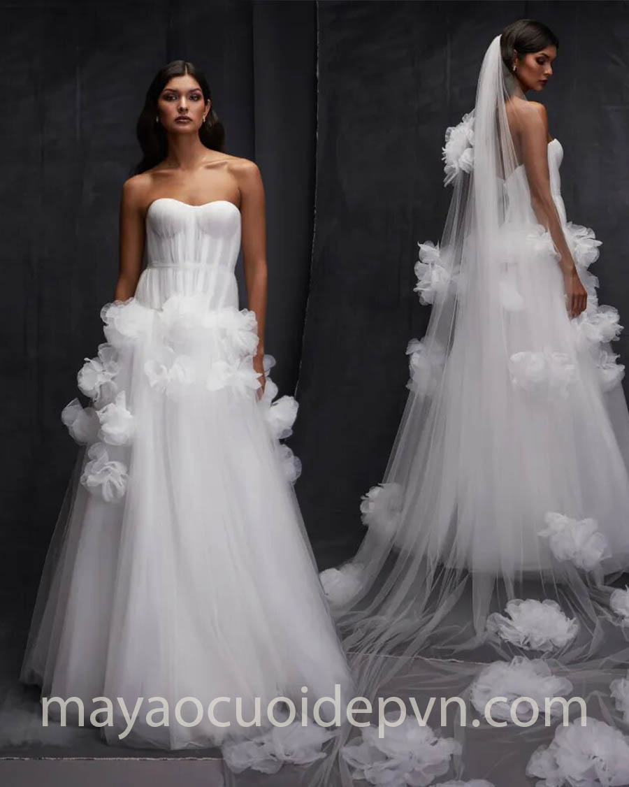 oversized floral drop waist wedding dress