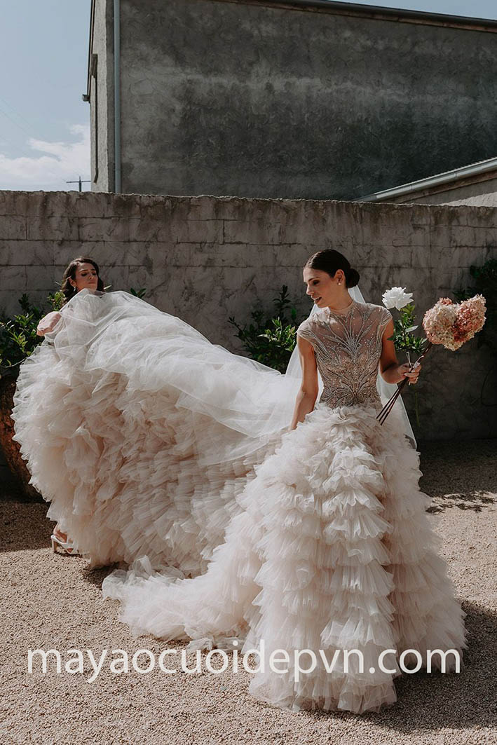 ruffled drop waist bridal gown