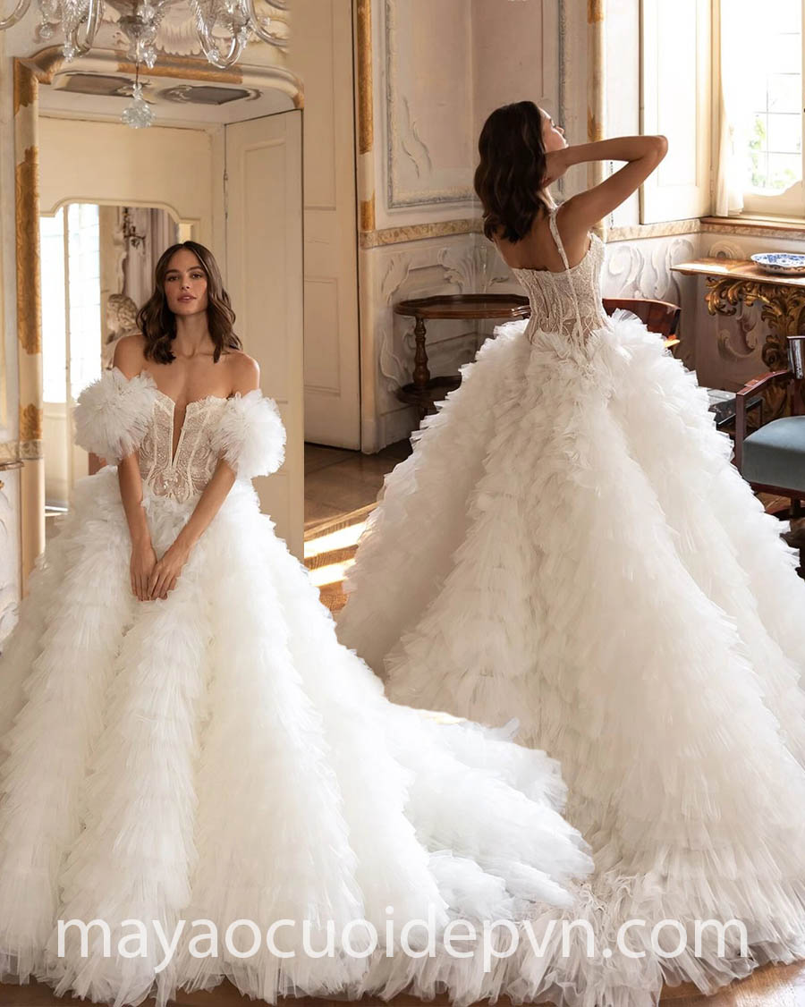áo cưới hạ eo xếp bèo tầng lộng lẫ